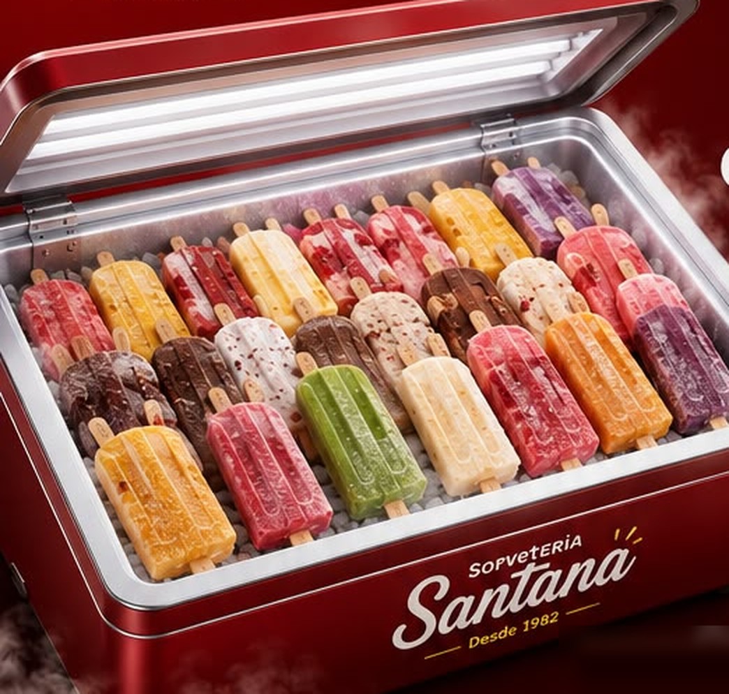Freezer vermelho da Sorveteria Santana aberto, cheio de picolés coloridos sobre gelo
